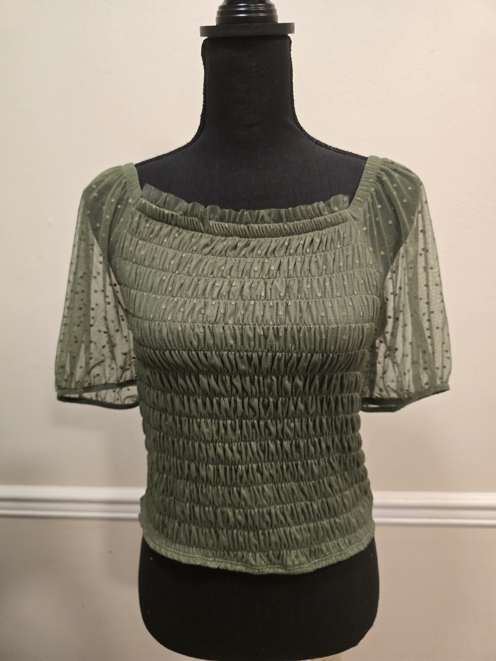 Torrid SZ L (12) Smocked Square Neck Mesh Sleeve Crop Top - Olive Green